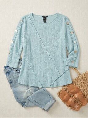 Ali Miles Aqua Light Blue Crinkle Top Blouse